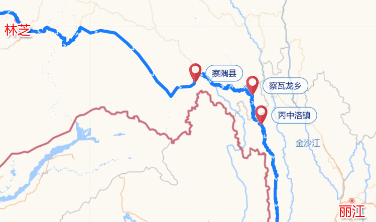 丙察察区位图：丙中洛-察瓦龙-察隅进藏线示意