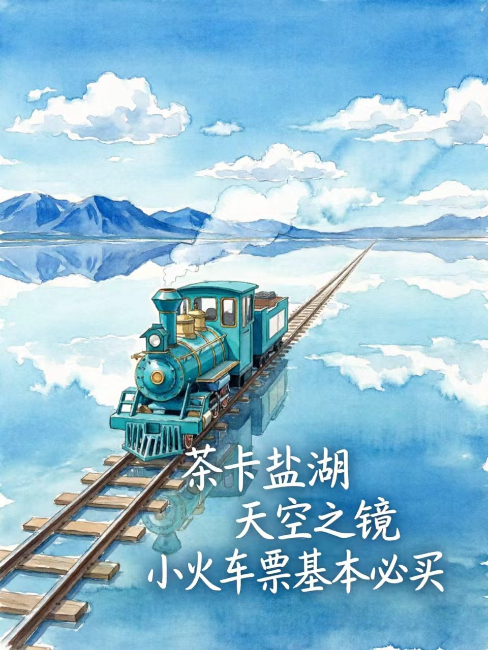 茶卡盐湖水彩画,天空之镜小火车