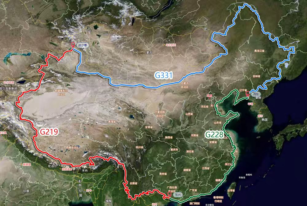 中国大环线G219G331G228三条国道示意