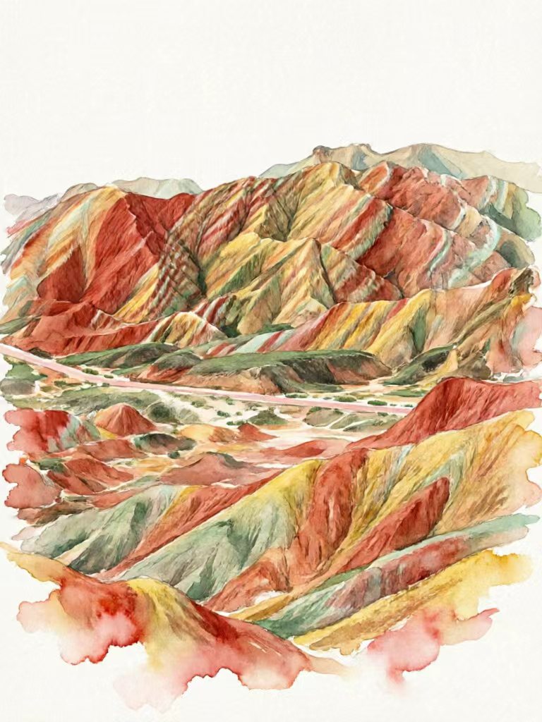 张掖七彩丹霞水彩画,彩色层状山体