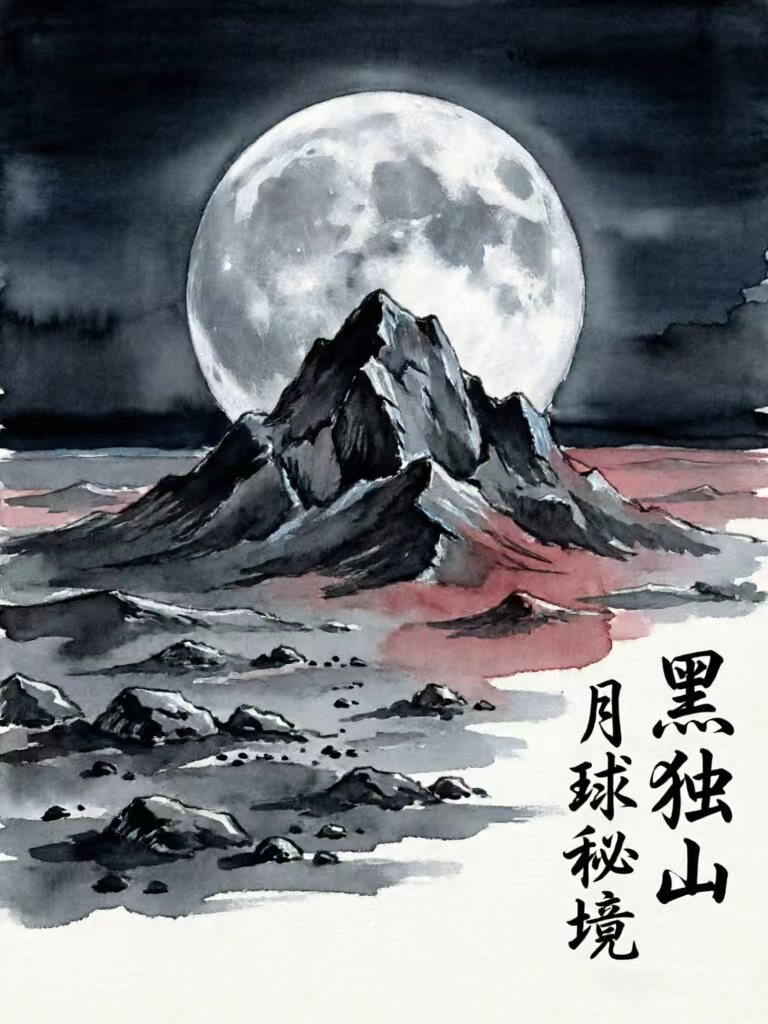黑独山水彩画,月球秘境冷色调地貌