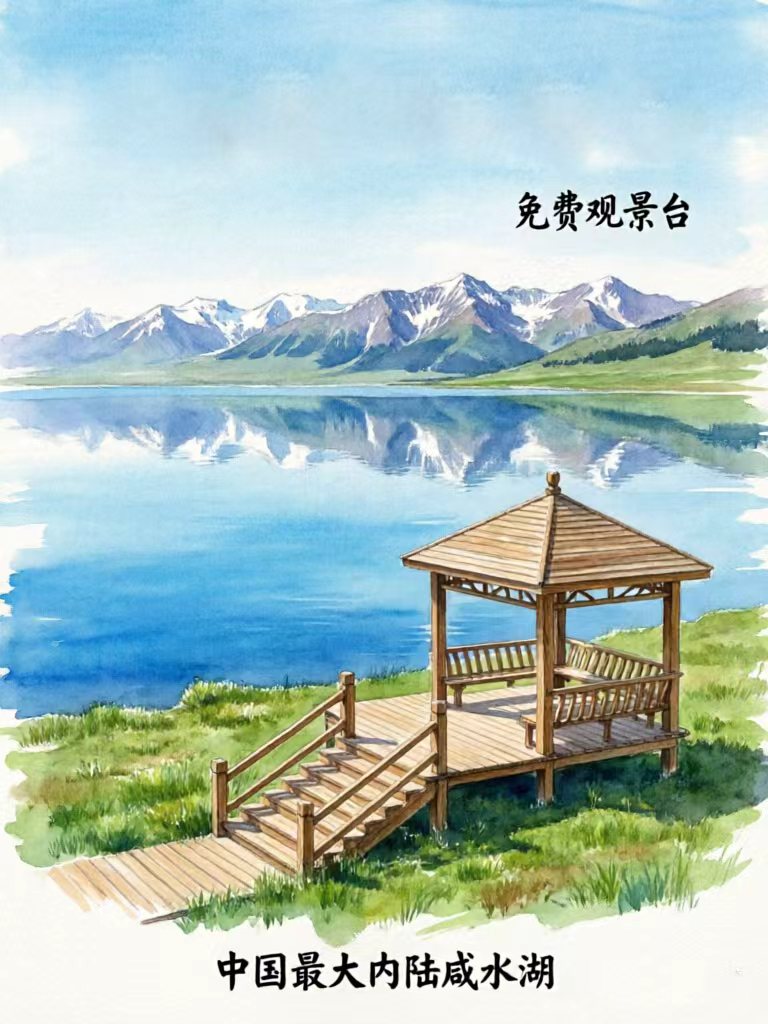 青海湖水彩画,中国最大内陆咸水湖免费观景台