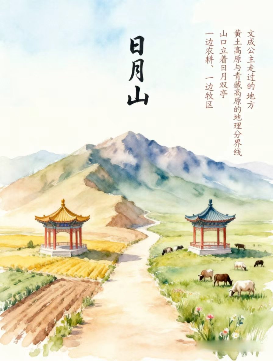 日月山日月双亭水彩画,文成公主走过的地方