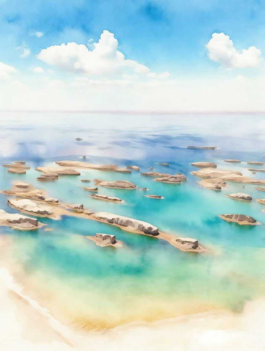 乌素特水上雅丹水彩画,湖水淹没雅丹地貌