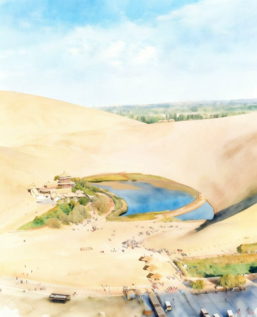 鸣沙山月牙泉水彩画,沙漠中月牙形湖泊