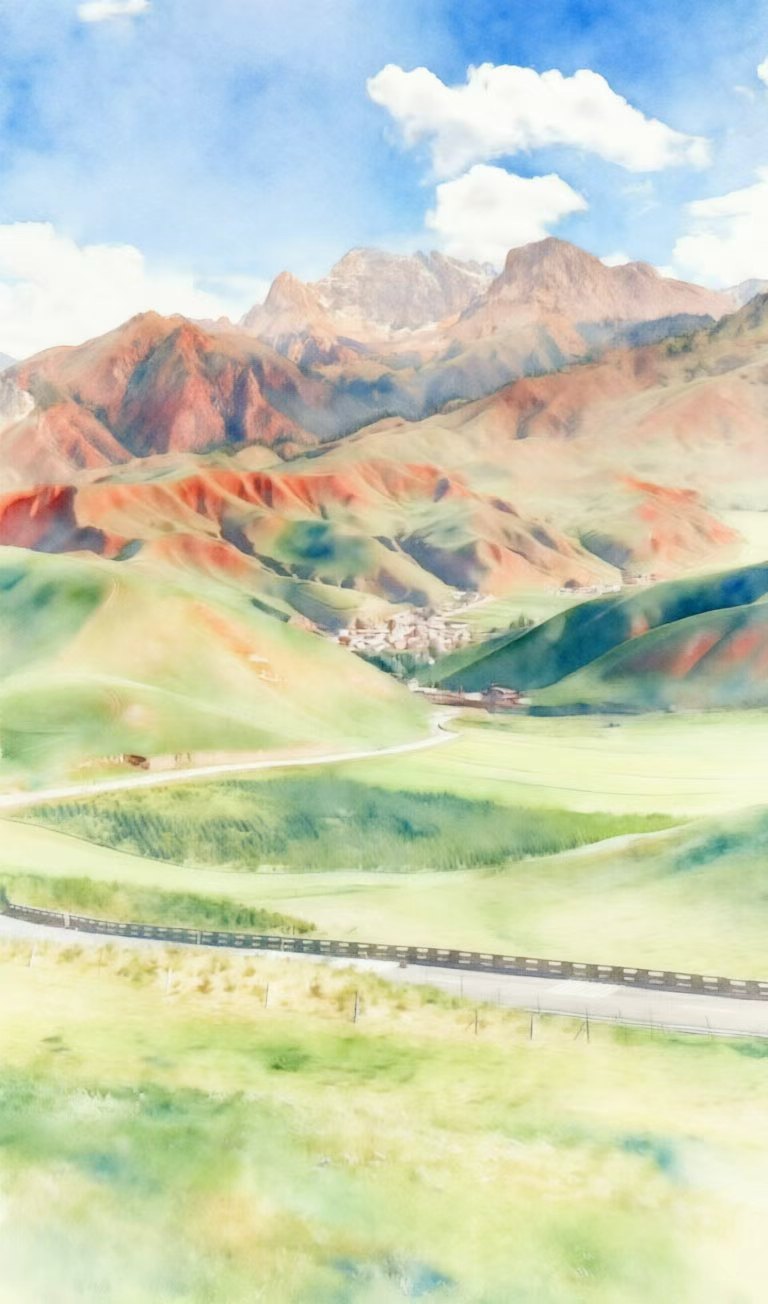 卓尔山水彩画,祁连山下丹霞草原雪山